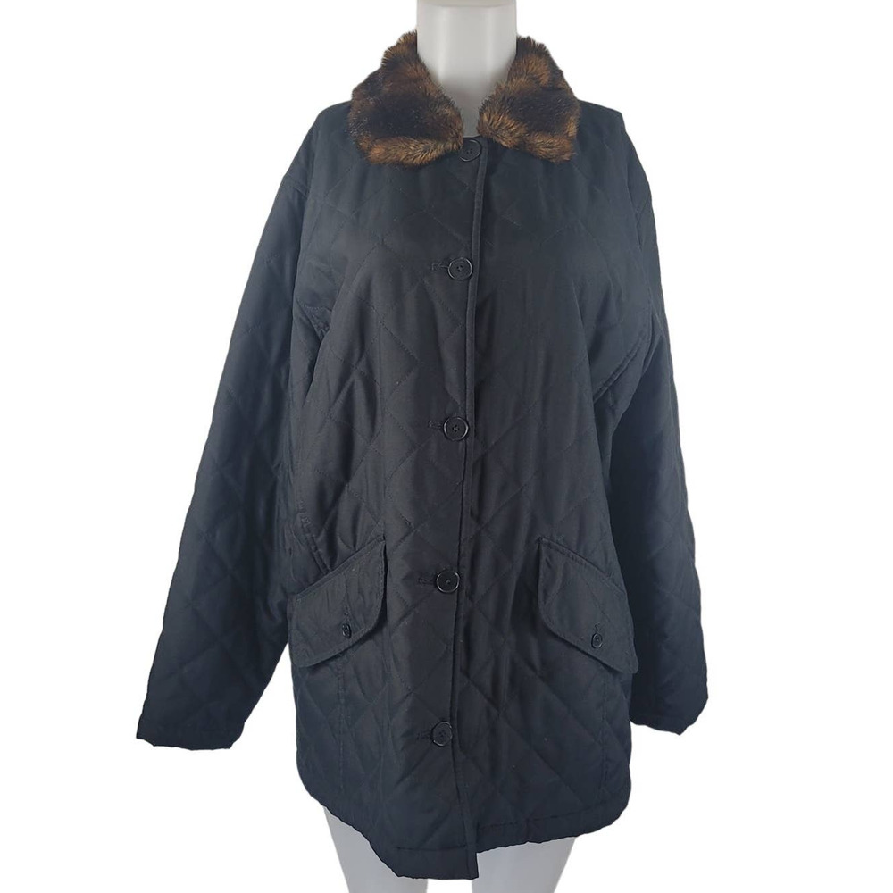 Lauren Ralph Lauren Black Label Quilted Jacket Faux Fur Collar L *Read